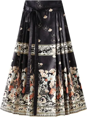High Waisted Skirts for Women Flower Print Pleated Tie Up A-Line Long Skirt Hanfu Chinese Style Horse Face Skirt