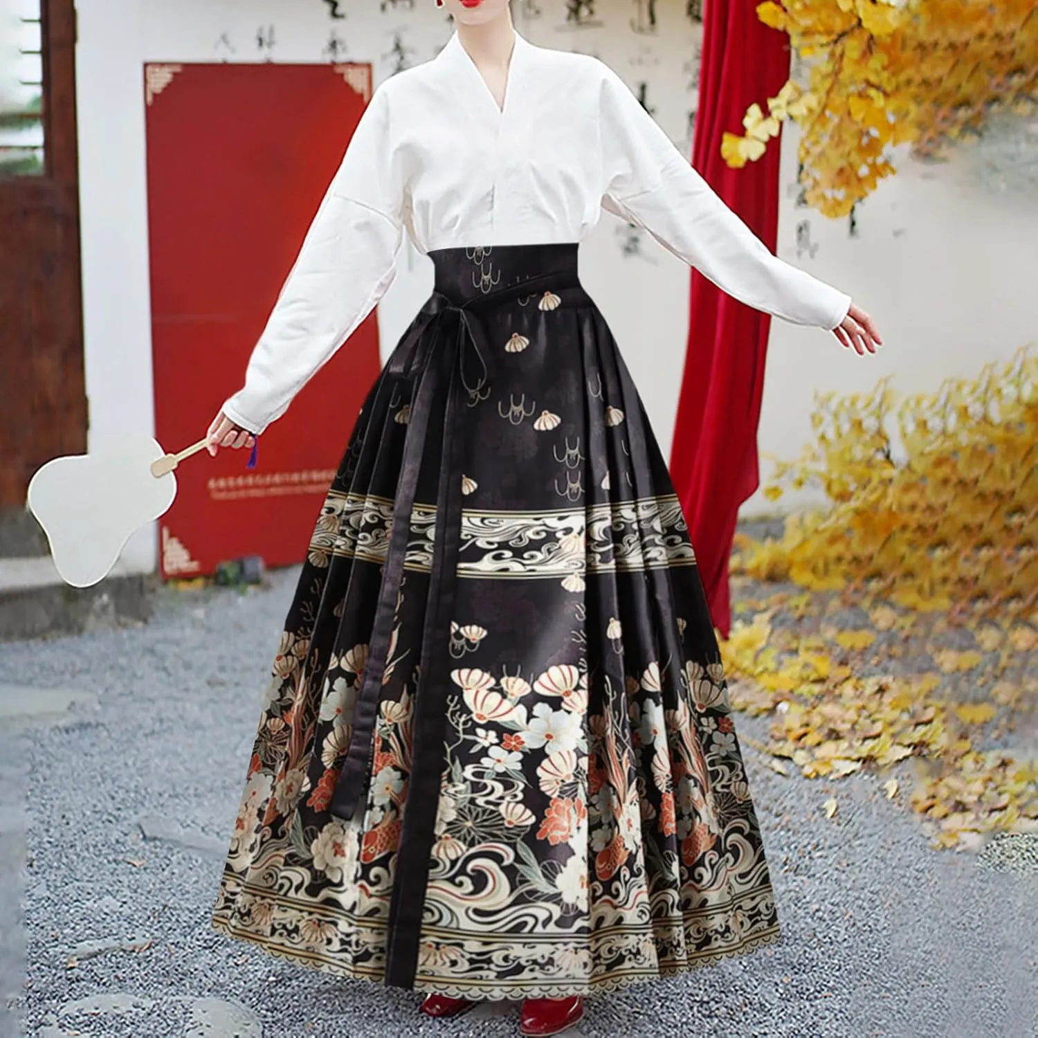 High Waisted Skirts for Women Flower Print Pleated Tie Up A-Line Long Skirt Hanfu Chinese Style Horse Face Skirt