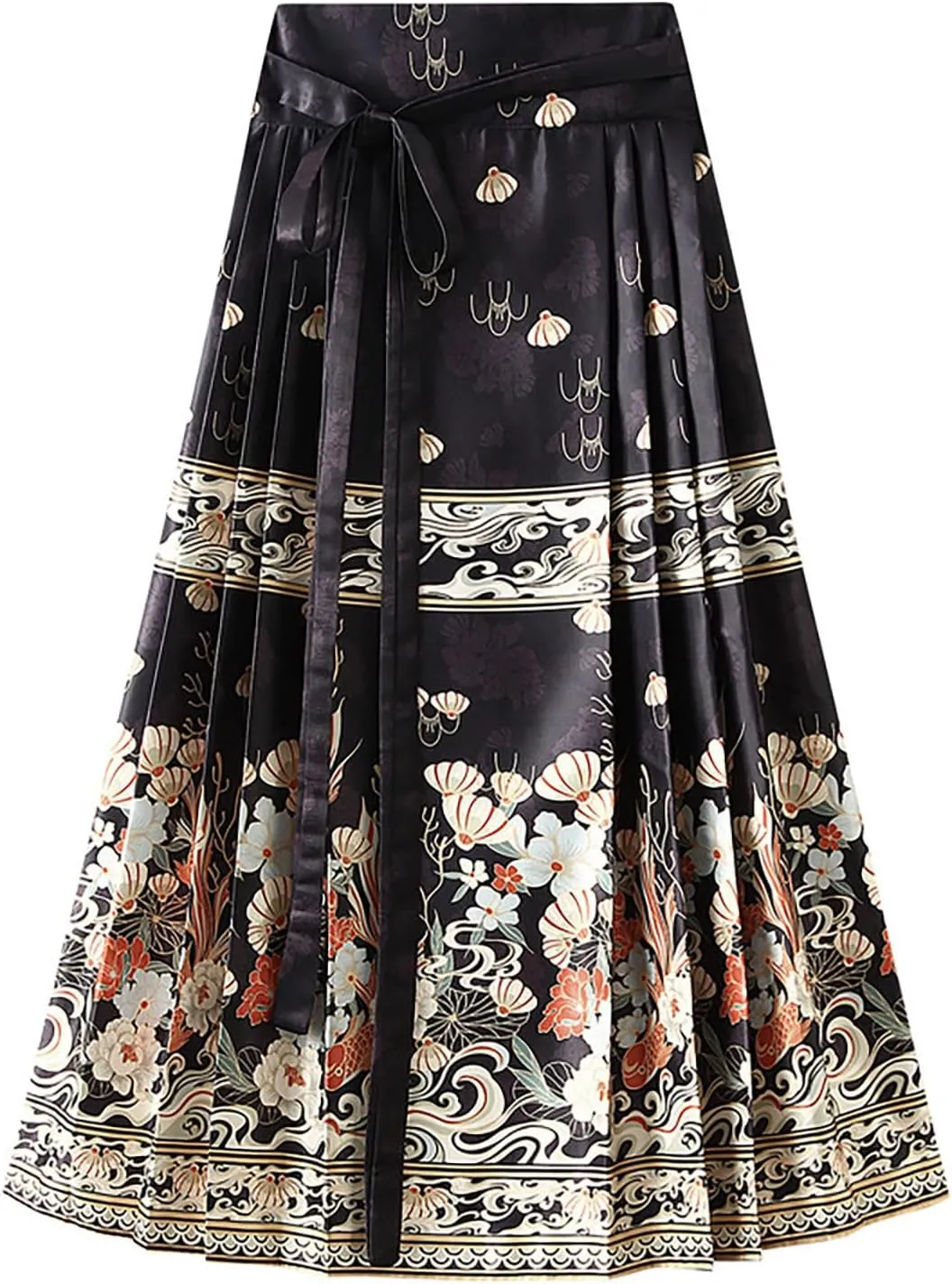 High Waisted Skirts for Women Flower Print Pleated Tie Up A-Line Long Skirt Hanfu Chinese Style Horse Face Skirt