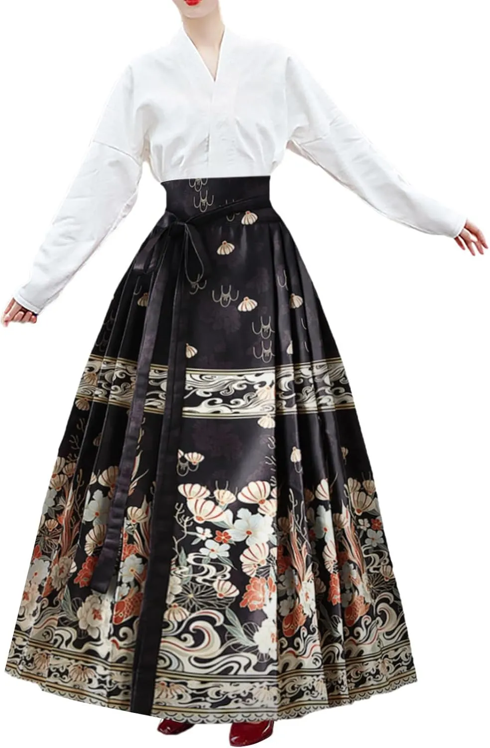 High Waisted Skirts for Women Flower Print Pleated Tie Up A-Line Long Skirt Hanfu Chinese Style Horse Face Skirt