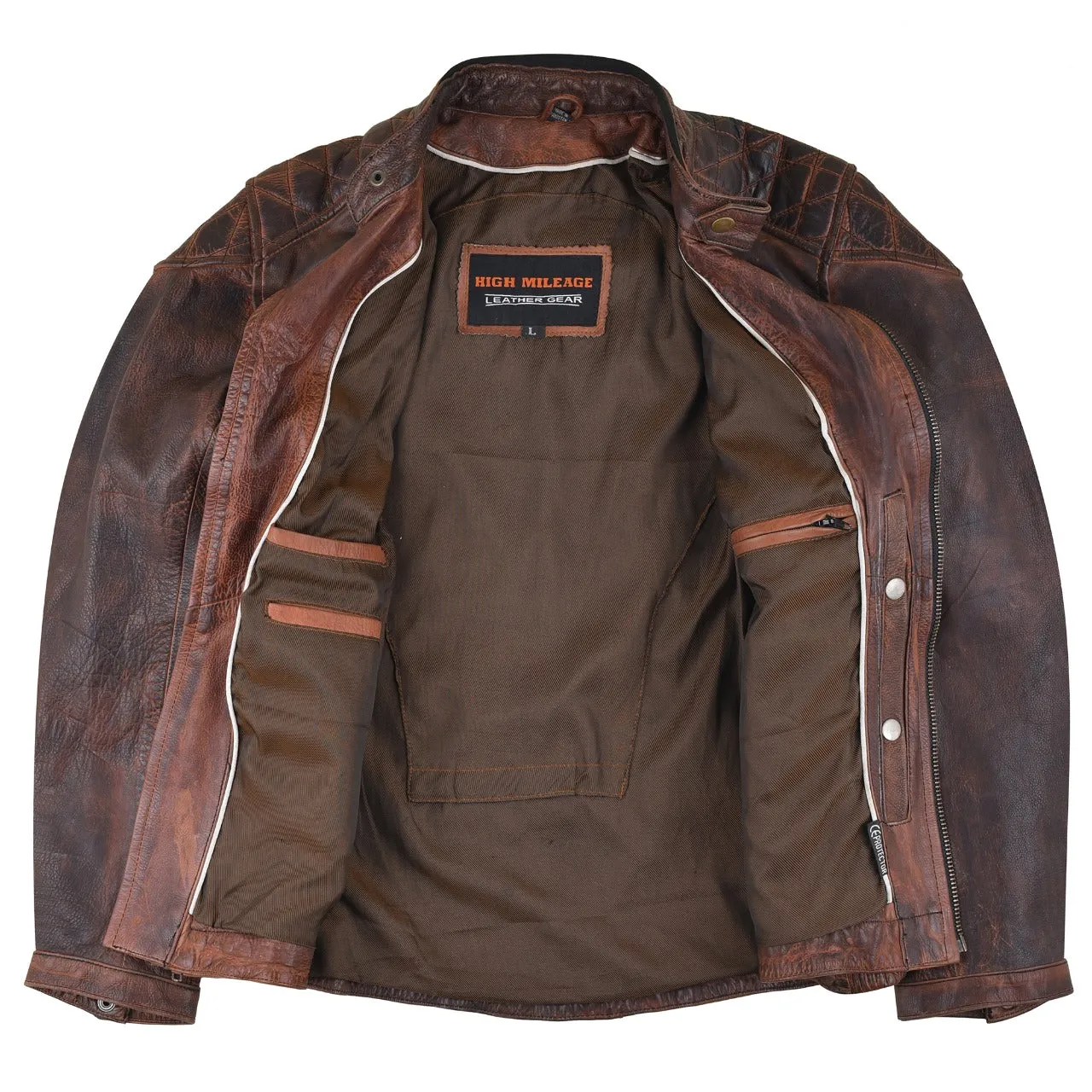 HML621VB High Mileage Ladies Vintage Brown Leather Jacket with Diamond Stitched Shoulders