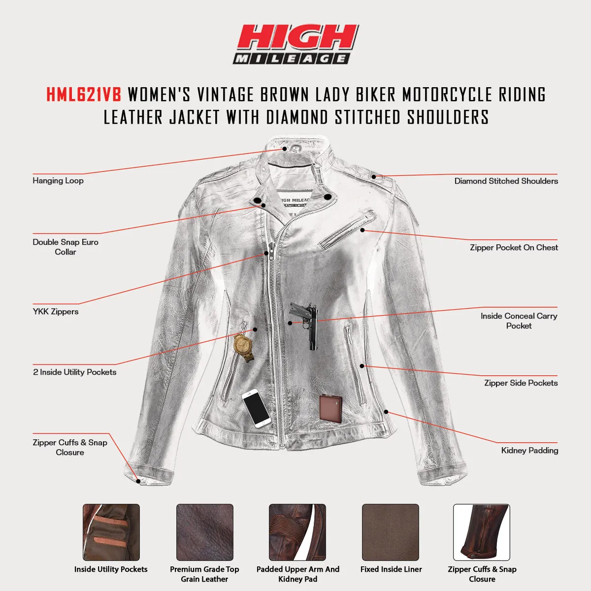 HML621VB High Mileage Ladies Vintage Brown Leather Jacket with Diamond Stitched Shoulders