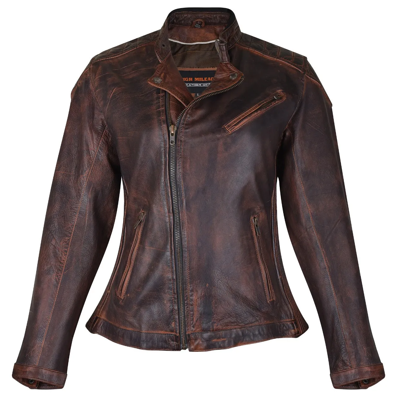 HML621VB High Mileage Ladies Vintage Brown Leather Jacket with Diamond Stitched Shoulders