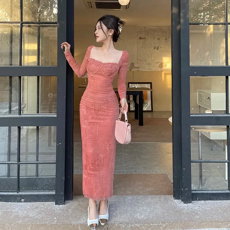 Hnzxzm Women's Elegant Long Dress 2024 Spring Festival New Extended Version Pink Vintage Casual Lace Mesh Long Sleeve Dresses