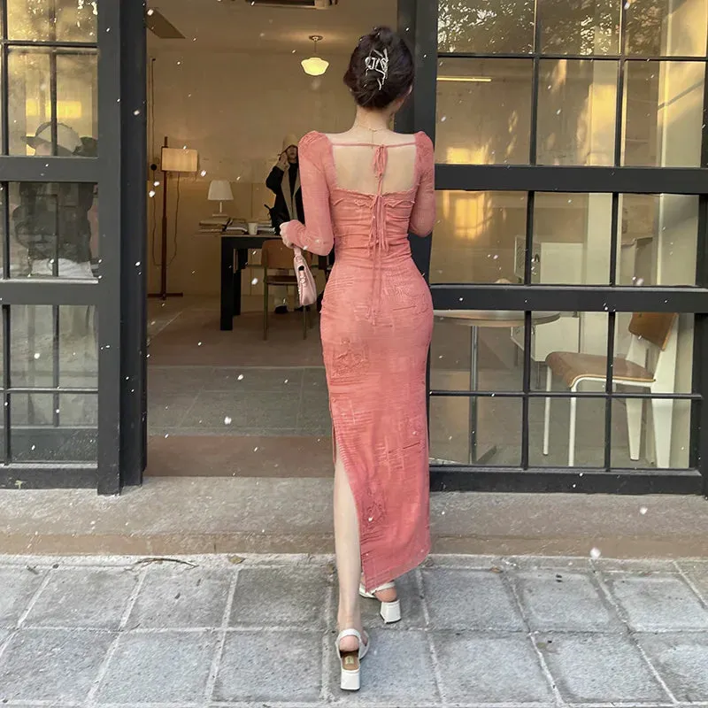 Hnzxzm Women's Elegant Long Dress 2024 Spring Festival New Extended Version Pink Vintage Casual Lace Mesh Long Sleeve Dresses
