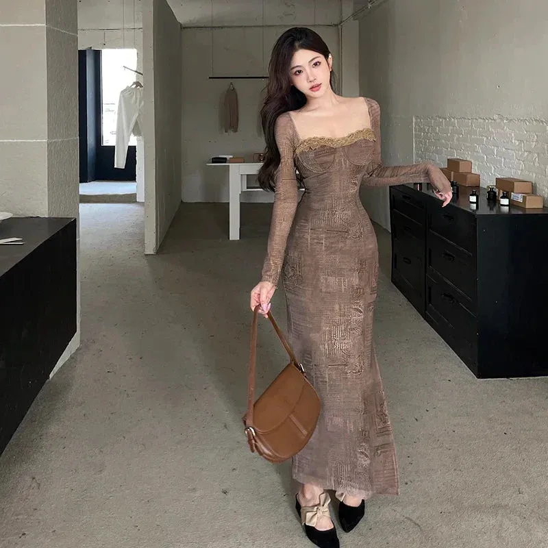 Hnzxzm Women's Elegant Long Dress 2024 Spring Festival New Extended Version Pink Vintage Casual Lace Mesh Long Sleeve Dresses