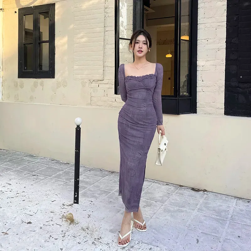 Hnzxzm Women's Elegant Long Dress 2024 Spring Festival New Extended Version Pink Vintage Casual Lace Mesh Long Sleeve Dresses