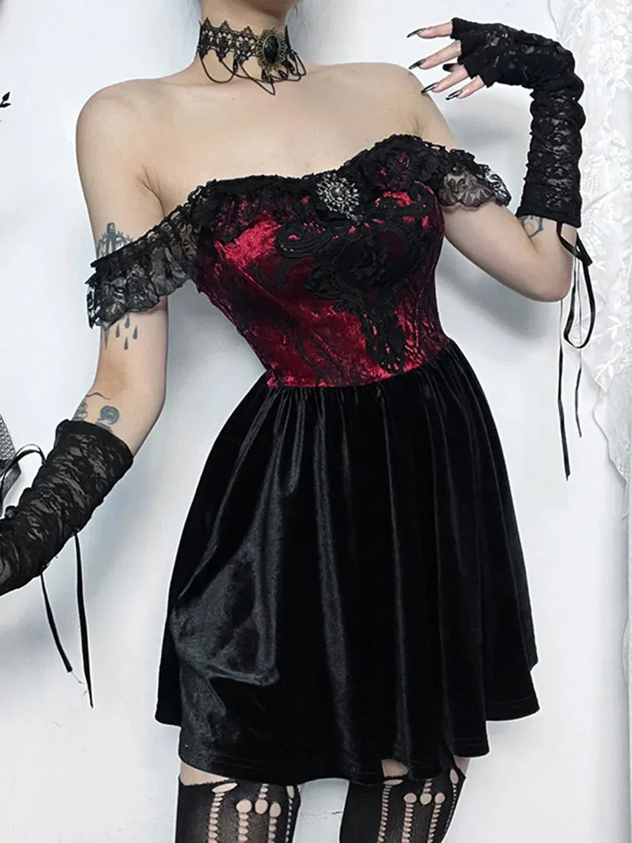 Hnzxzm Women's Gothic Style Short Dress New Waist Splicing Short Dark Wind Lace One Shoulder Puffy Swing Dresses Women's