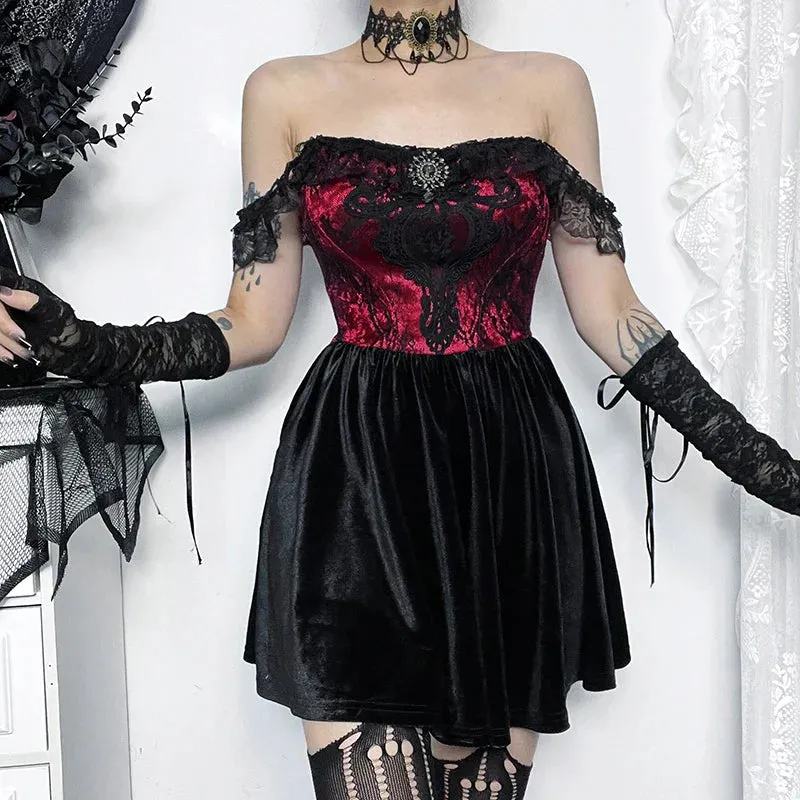Hnzxzm Women's Gothic Style Short Dress New Waist Splicing Short Dark Wind Lace One Shoulder Puffy Swing Dresses Women's