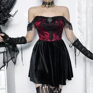 Hnzxzm Women's Gothic Style Short Dress New Waist Splicing Short Dark Wind Lace One Shoulder Puffy Swing Dresses Women's