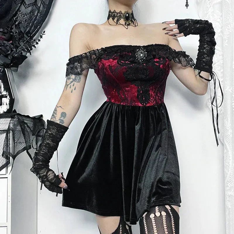 Hnzxzm Women's Gothic Style Short Dress New Waist Splicing Short Dark Wind Lace One Shoulder Puffy Swing Dresses Women's