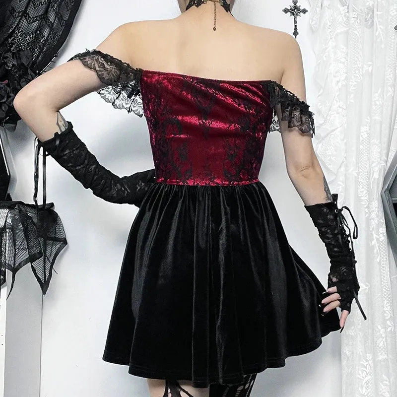 Hnzxzm Women's Gothic Style Short Dress New Waist Splicing Short Dark Wind Lace One Shoulder Puffy Swing Dresses Women's