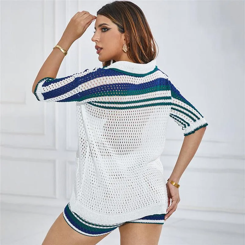 Hollow Out Polo Collar Cardigan & High Waist Shorts Set