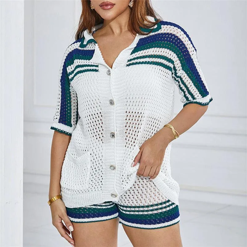 Hollow Out Polo Collar Cardigan & High Waist Shorts Set