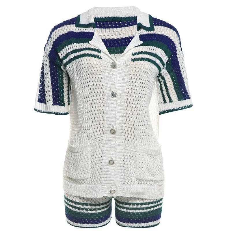 Hollow Out Polo Collar Cardigan & High Waist Shorts Set