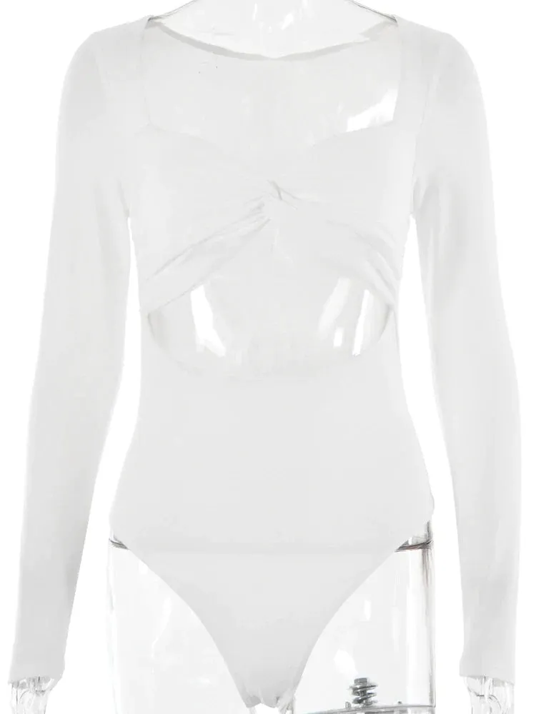Hollow Out Solid Women Square Collar Long Sleeve Bodysuits