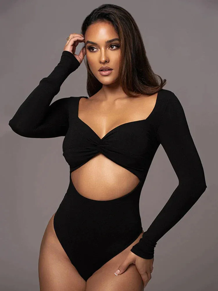 Hollow Out Solid Women Square Collar Long Sleeve Bodysuits