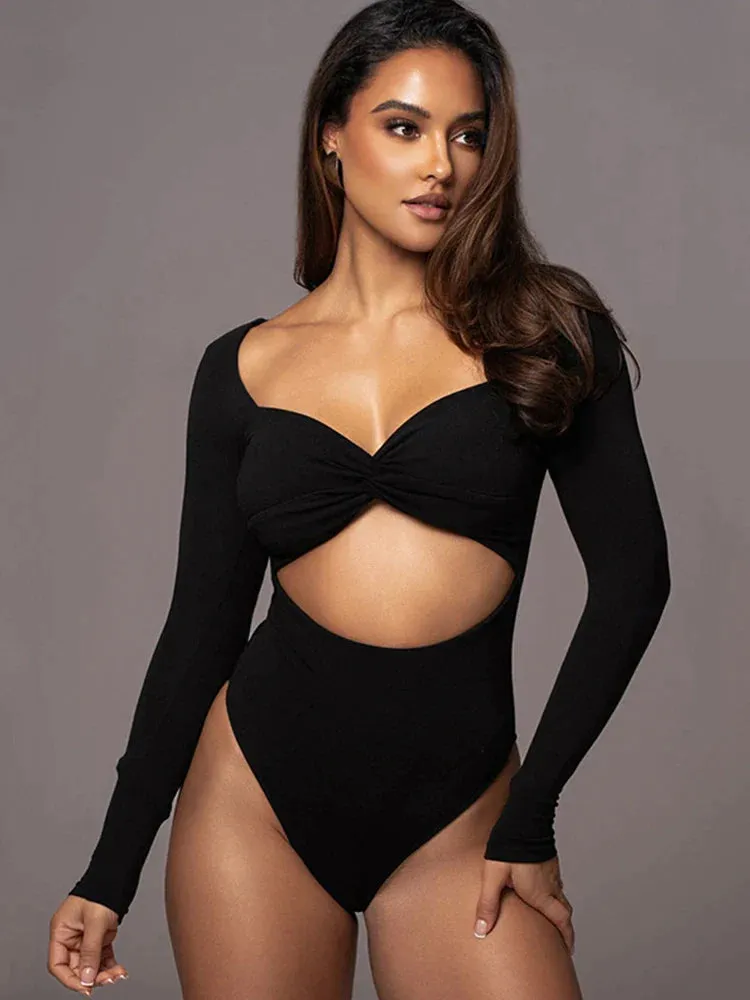 Hollow Out Solid Women Square Collar Long Sleeve Bodysuits