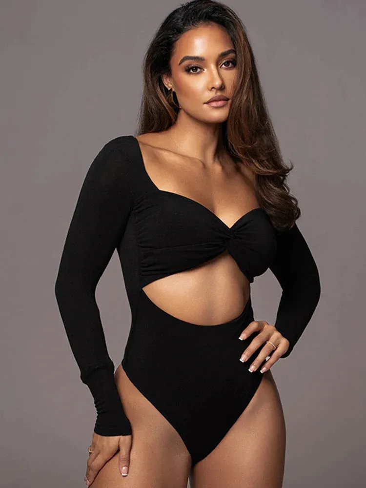 Hollow Out Solid Women Square Collar Long Sleeve Bodysuits