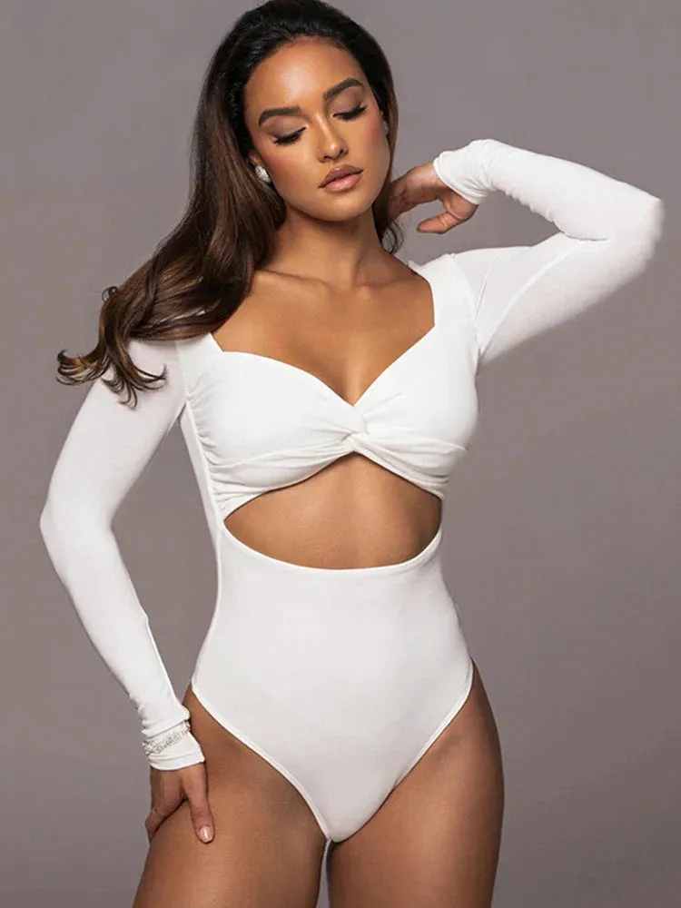Hollow Out Solid Women Square Collar Long Sleeve Bodysuits
