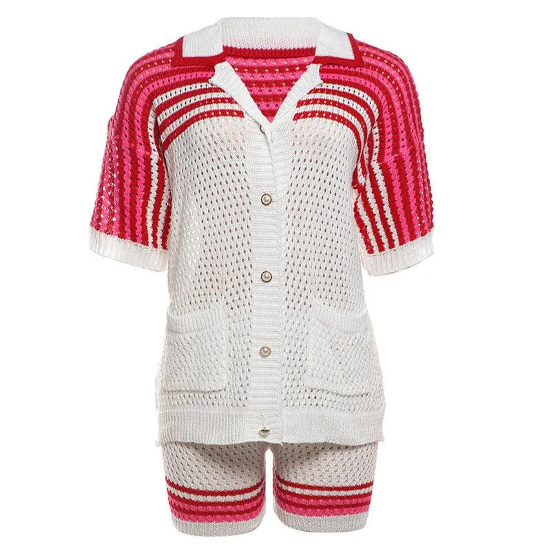 Hollowed Out Polo Collar Top & High Waist Shorts Set