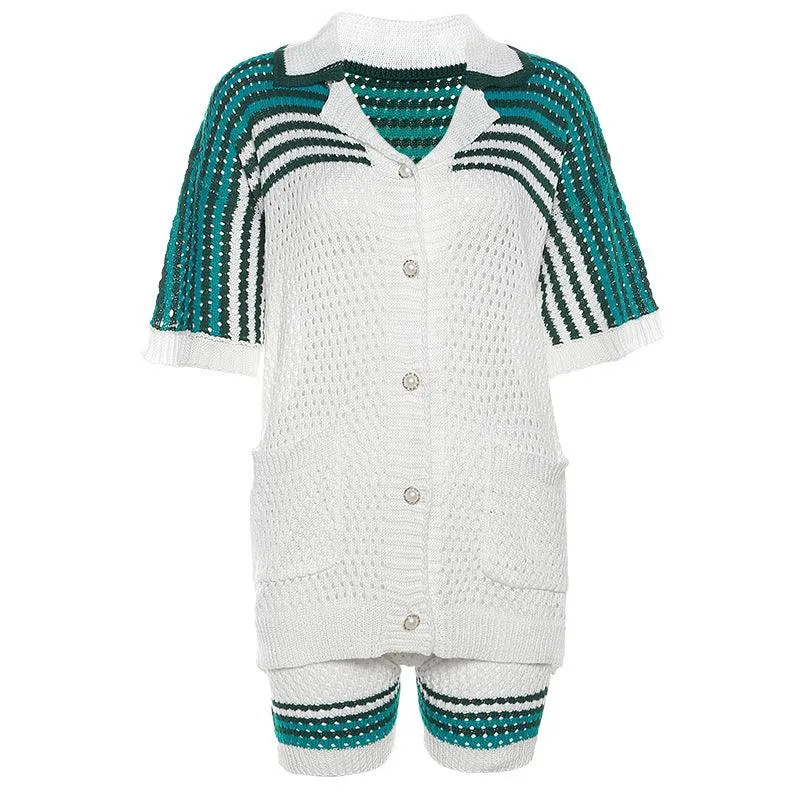 Hollowed Out Polo Collar Top & High Waist Shorts Set