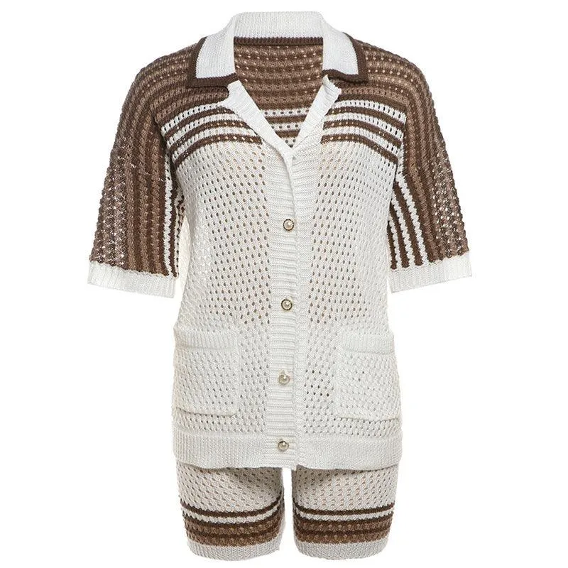 Hollowed Out Polo Collar Top & High Waist Shorts Set