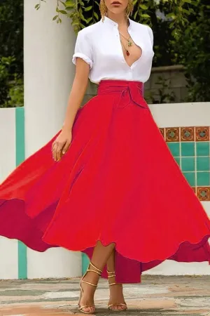Hot Selling Europe Women Solid Colored Flare Belt Skirt