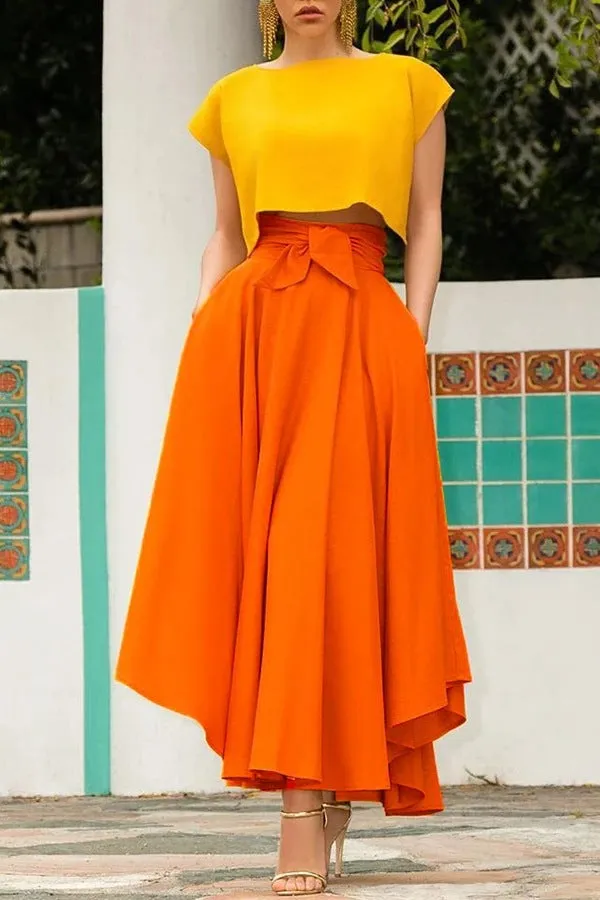 Hot Selling Europe Women Solid Colored Flare Belt Skirt