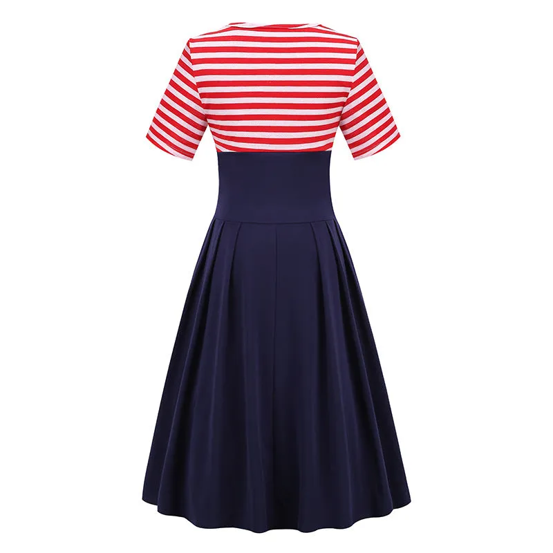 Hot-selling Flag Independence Day Striped Splicing Retro Contrasting Dress
