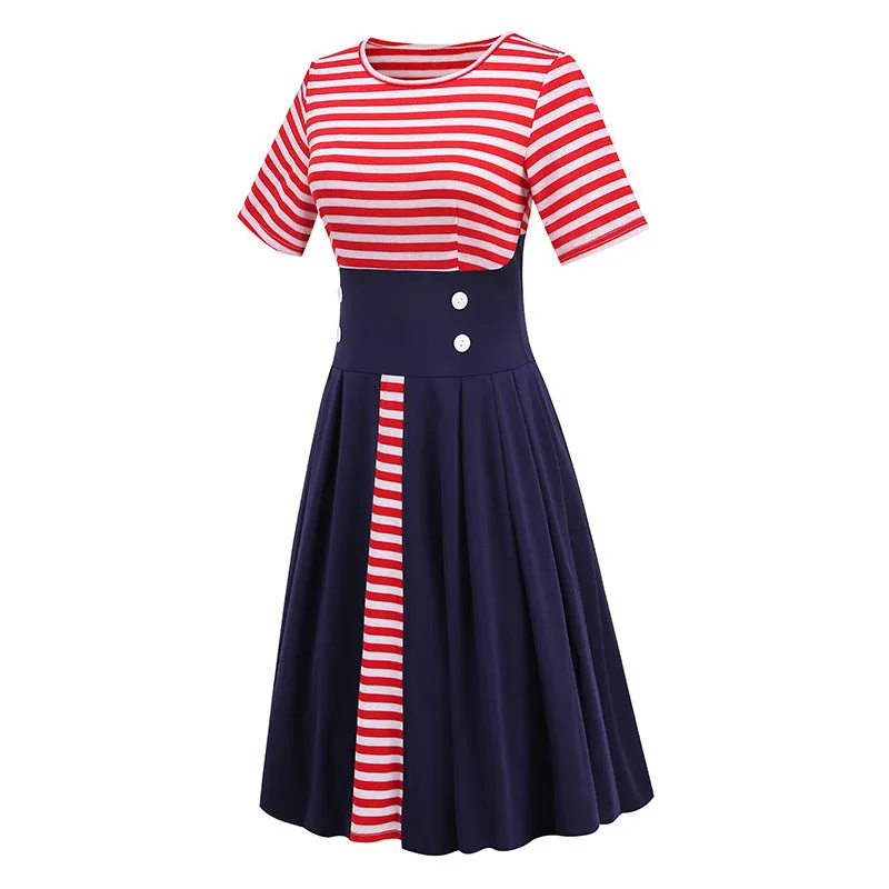 Hot-selling Flag Independence Day Striped Splicing Retro Contrasting Dress