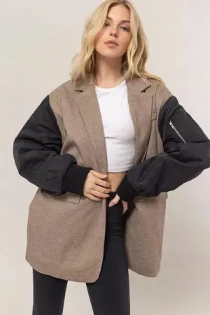 HYFVE Herringbone Mixed Media Contrast Long Sleeve Blazer