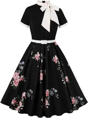 IDOPIP Women Elegant Tie Neck Floral Vintage Dress 1950s Retro Cocktail Prom Swing Dress Formal Party Pinup Rockabilly Dress