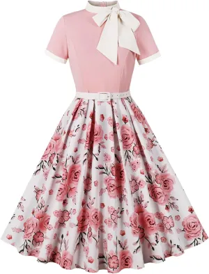 IDOPIP Women Elegant Tie Neck Floral Vintage Dress 1950s Retro Cocktail Prom Swing Dress Formal Party Pinup Rockabilly Dress