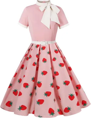 IDOPIP Women Elegant Tie Neck Floral Vintage Dress 1950s Retro Cocktail Prom Swing Dress Formal Party Pinup Rockabilly Dress