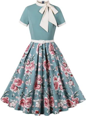 IDOPIP Women Elegant Tie Neck Floral Vintage Dress 1950s Retro Cocktail Prom Swing Dress Formal Party Pinup Rockabilly Dress