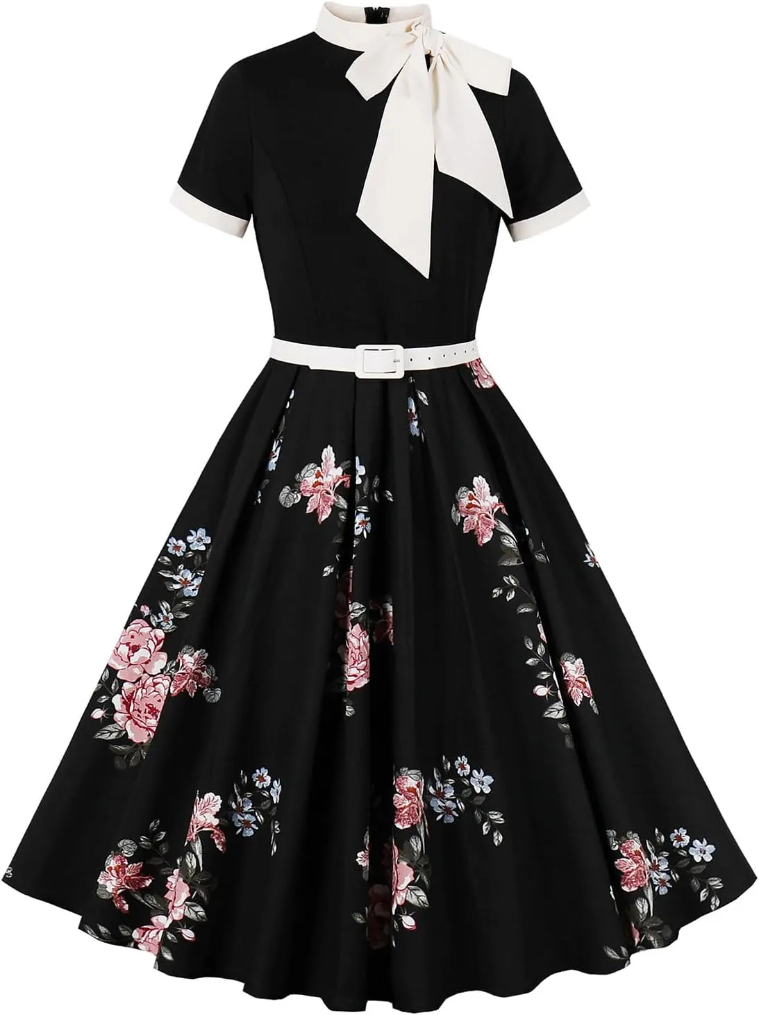 IDOPIP Women Elegant Tie Neck Floral Vintage Dress 1950s Retro Cocktail Prom Swing Dress Formal Party Pinup Rockabilly Dress