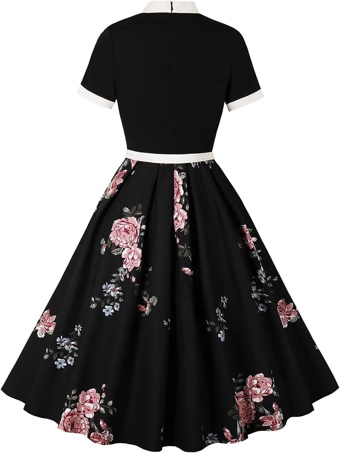 IDOPIP Women Elegant Tie Neck Floral Vintage Dress 1950s Retro Cocktail Prom Swing Dress Formal Party Pinup Rockabilly Dress