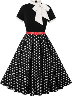 IDOPIP Women Elegant Tie Neck Floral Vintage Dress 1950s Retro Cocktail Prom Swing Dress Formal Party Pinup Rockabilly Dress
