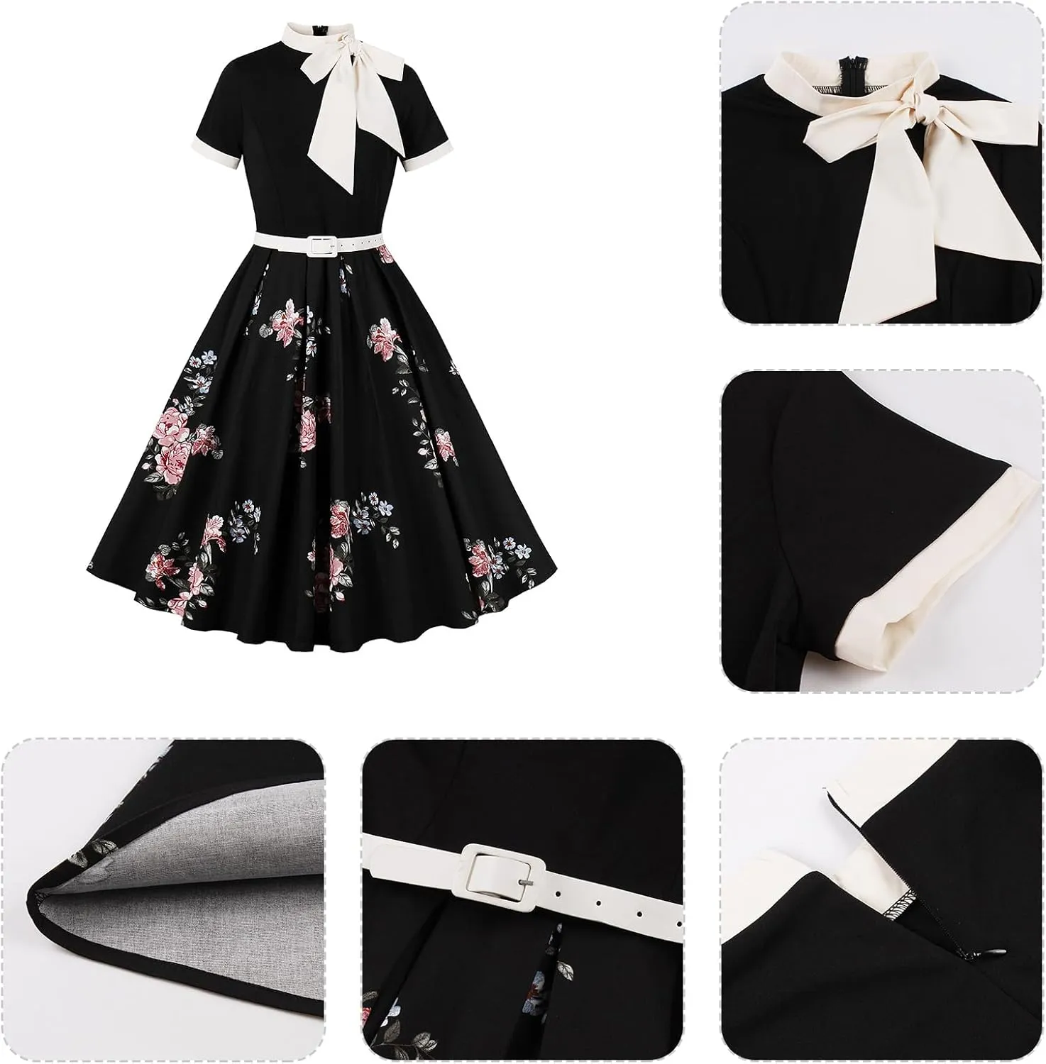 IDOPIP Women Elegant Tie Neck Floral Vintage Dress 1950s Retro Cocktail Prom Swing Dress Formal Party Pinup Rockabilly Dress