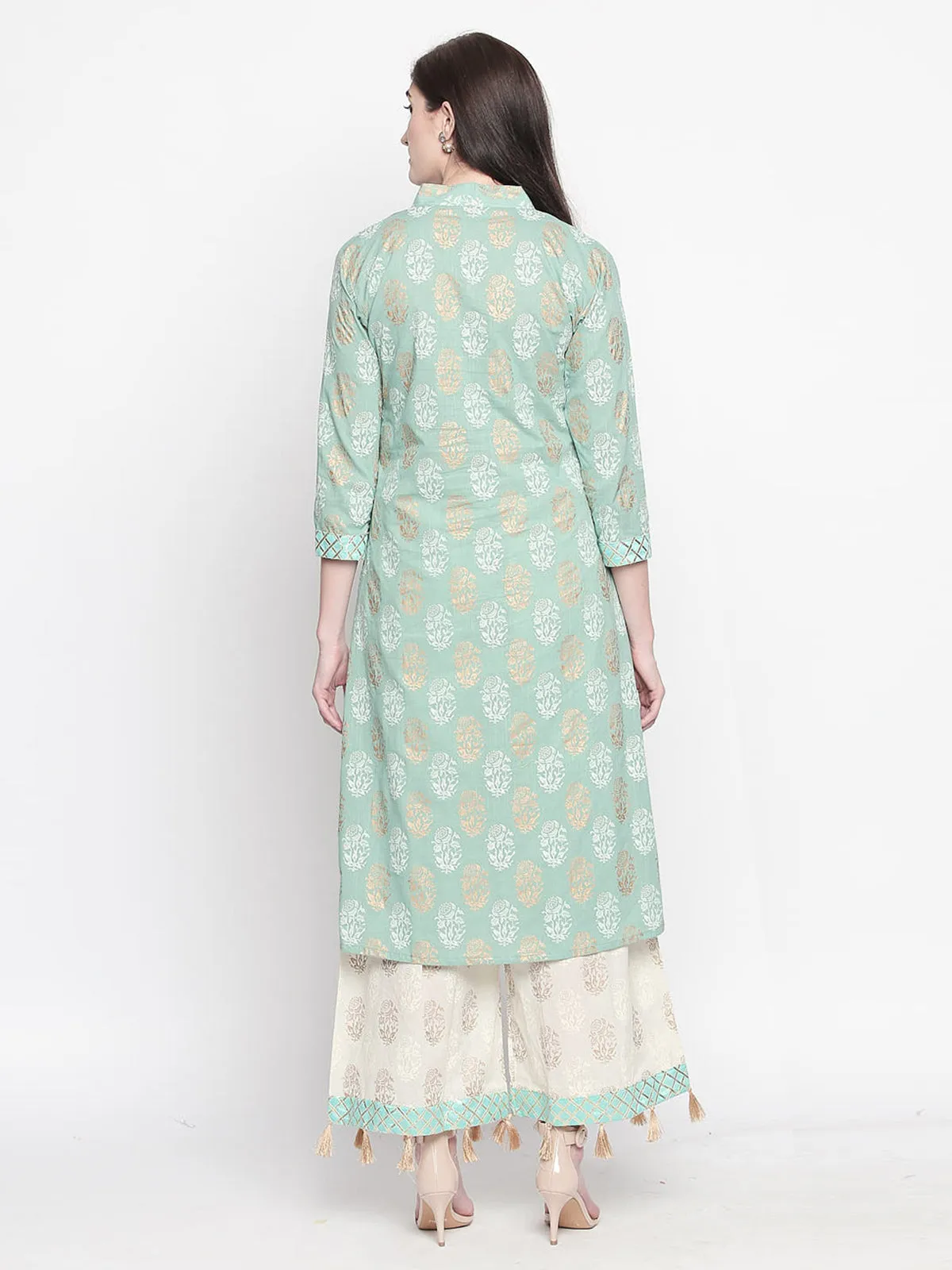Ishin Women's Poly Cotton Green & White A-Line Printed Kurta Palazzo Sets
