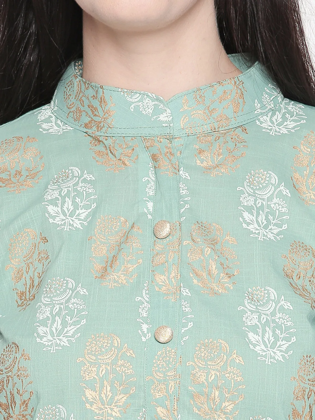 Ishin Women's Poly Cotton Green & White A-Line Printed Kurta Palazzo Sets