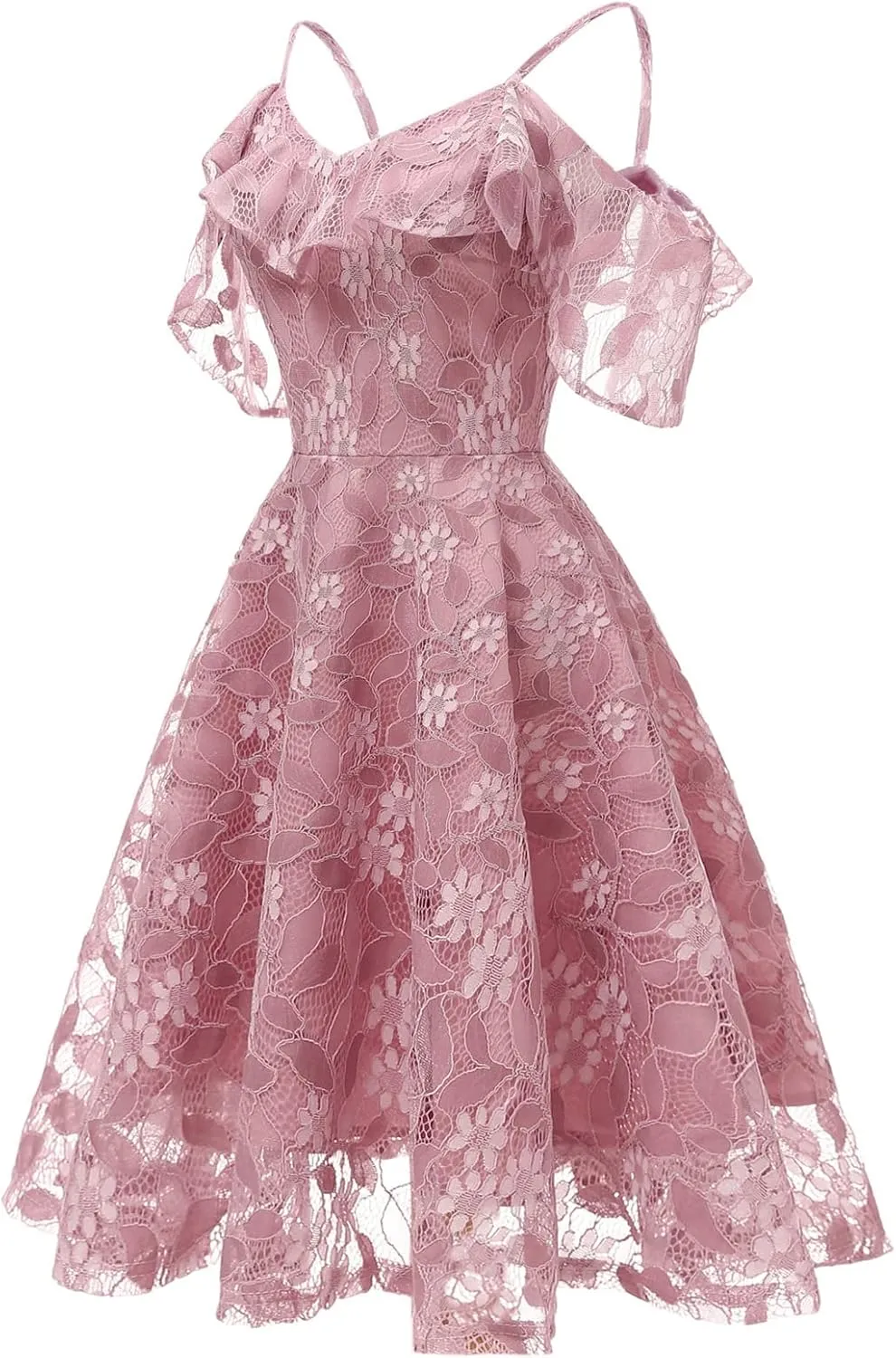 IWEMEK Women Spaghetti Strap Floral Lace Bridesmaid Cocktail Party Dress Cold Shoulder Ruffle Sleeve Wedding Guest Prom Dress