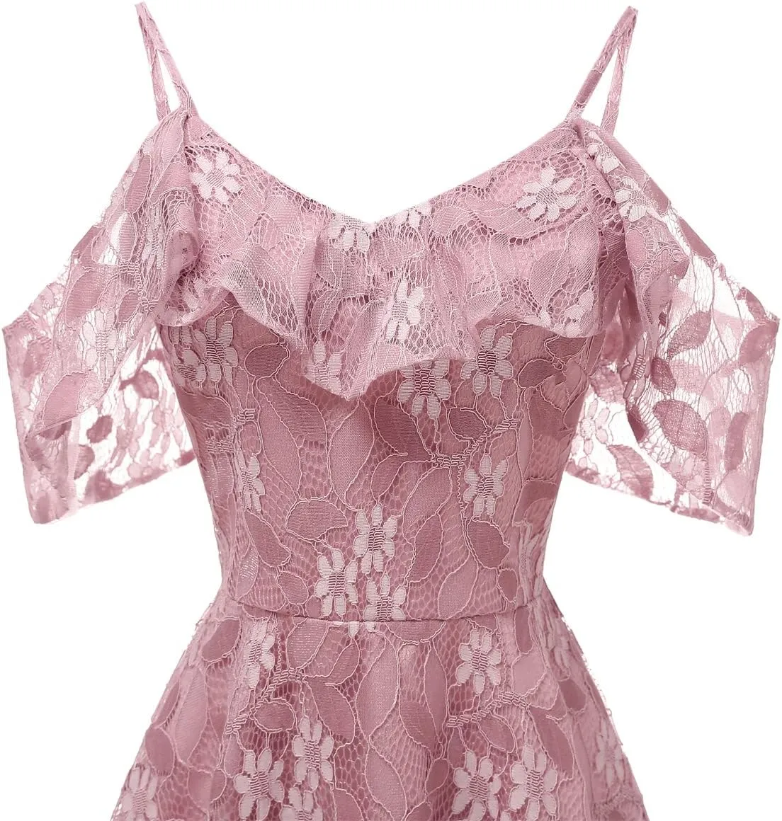 IWEMEK Women Spaghetti Strap Floral Lace Bridesmaid Cocktail Party Dress Cold Shoulder Ruffle Sleeve Wedding Guest Prom Dress