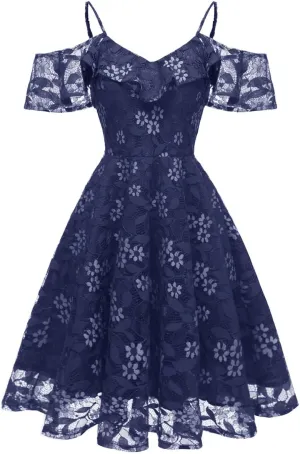 IWEMEK Women Spaghetti Strap Floral Lace Bridesmaid Cocktail Party Dress Cold Shoulder Ruffle Sleeve Wedding Guest Prom Dress