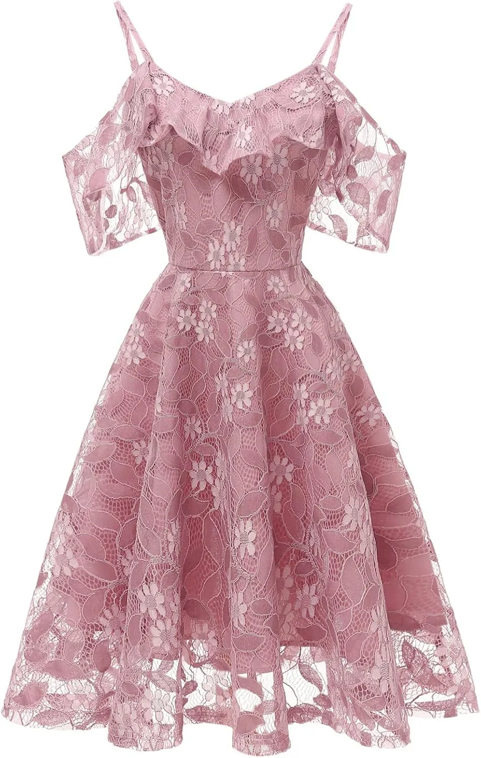IWEMEK Women Spaghetti Strap Floral Lace Bridesmaid Cocktail Party Dress Cold Shoulder Ruffle Sleeve Wedding Guest Prom Dress