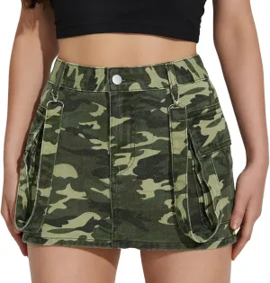 Jean Skirt,High Stretchy Denim Cargo Skort for Women High Waist Denim Skirt Casual Mini Skirt Shorts with Pockets