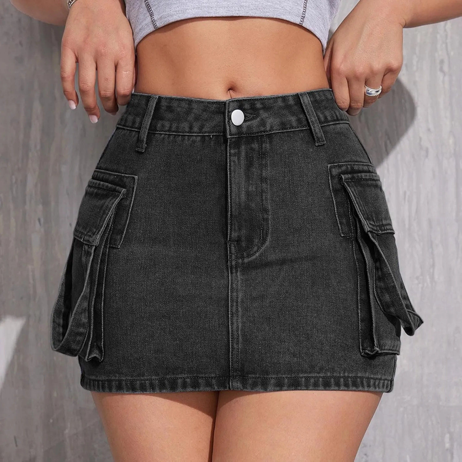 Jean Skirt,High Stretchy Denim Cargo Skort for Women High Waist Denim Skirt Casual Mini Skirt Shorts with Pockets