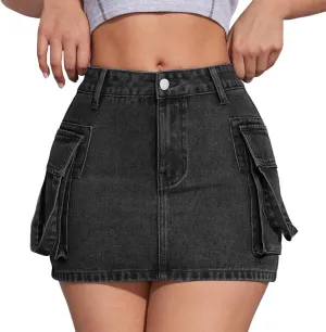 Jean Skirt,High Stretchy Denim Cargo Skort for Women High Waist Denim Skirt Casual Mini Skirt Shorts with Pockets