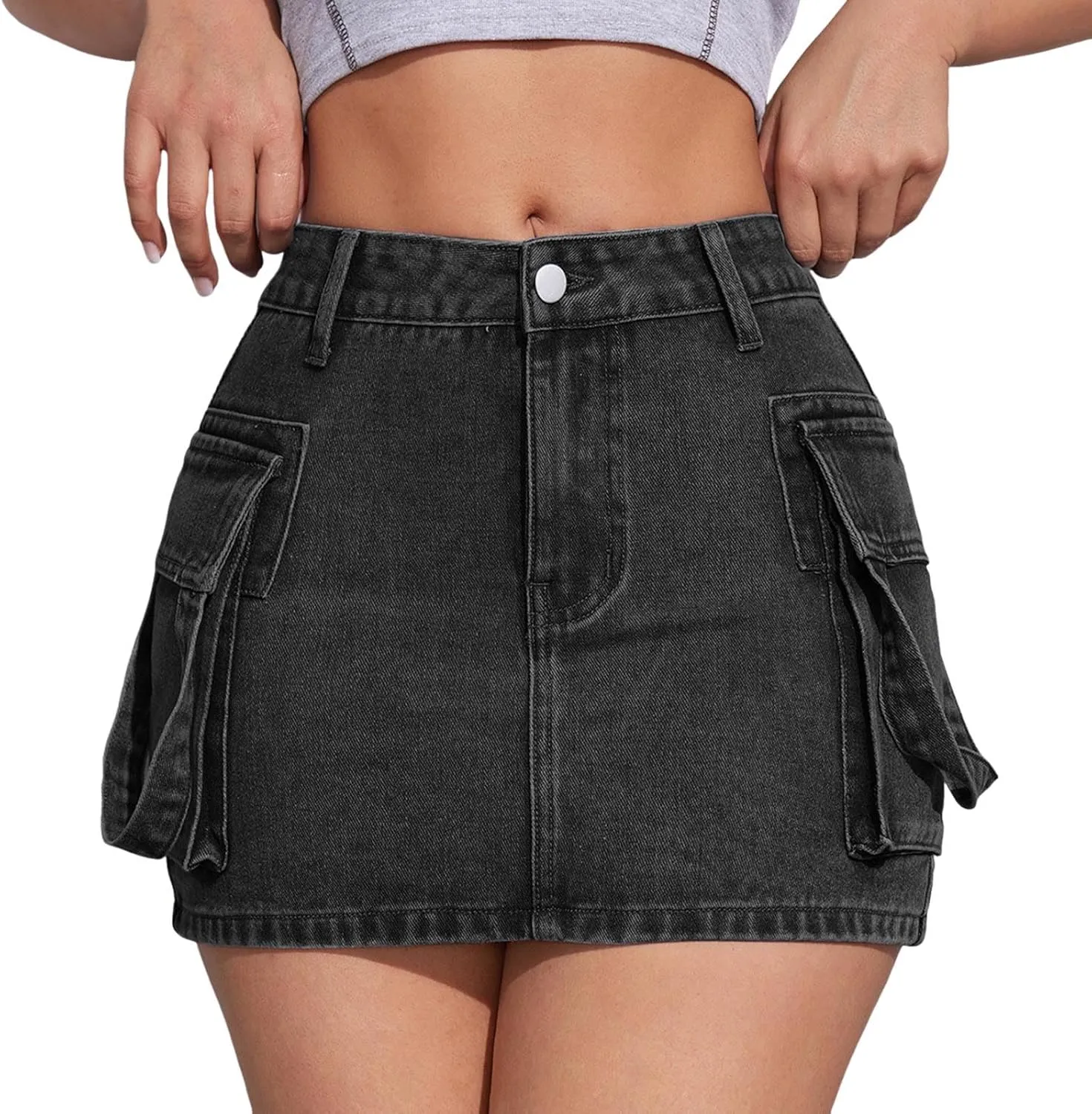 Jean Skirt,High Stretchy Denim Cargo Skort for Women High Waist Denim Skirt Casual Mini Skirt Shorts with Pockets